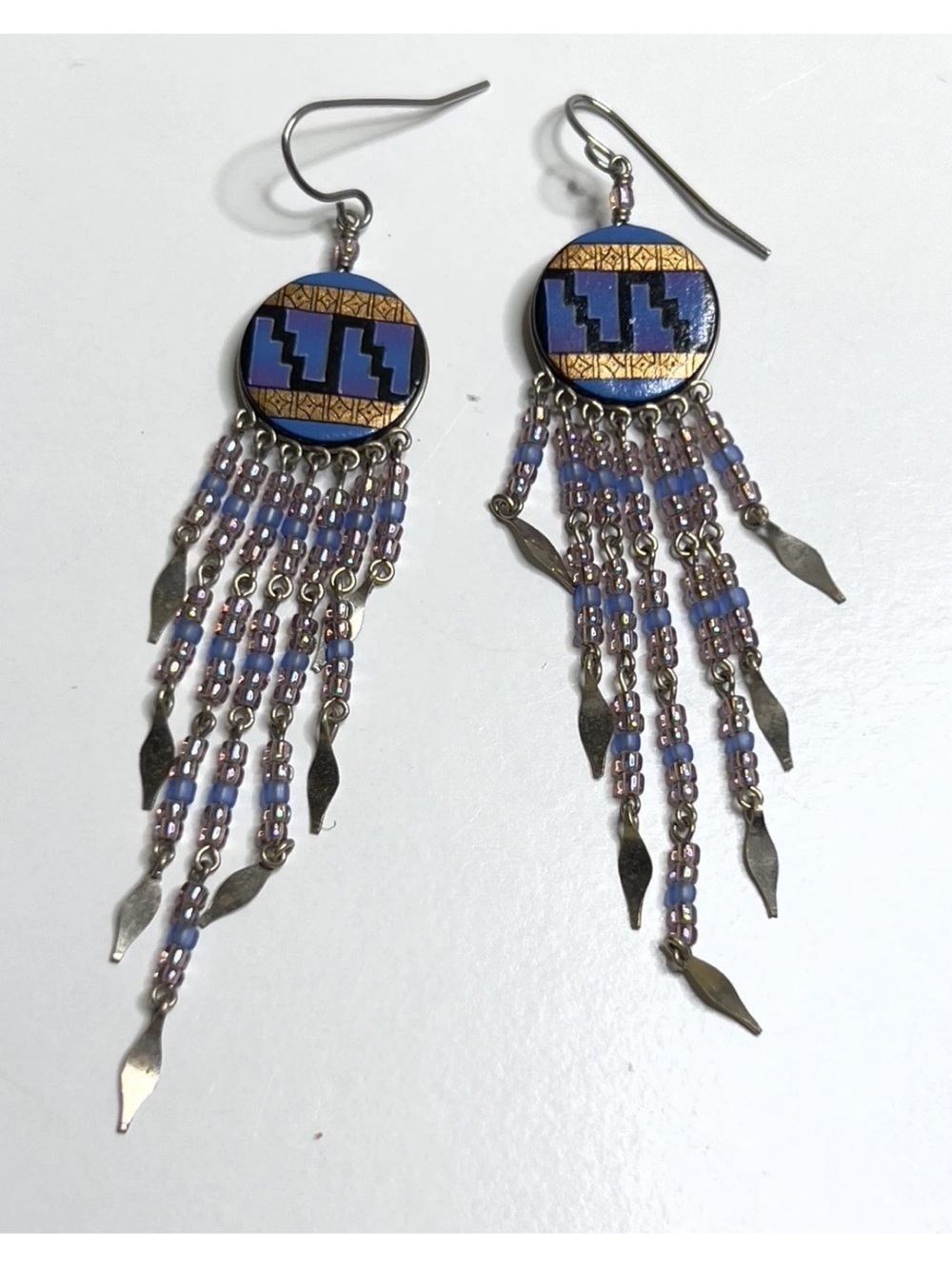 Southwest Dream Catcher Blue Gold Silver Beads Dangle Drop Chandelier Earrings